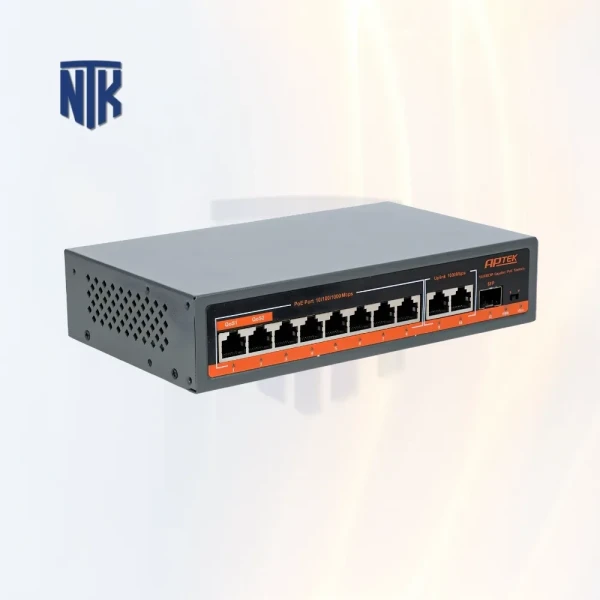 Switch PoE 8 Port Aptek SG1083P | 2x Uplink · 1x SFP | 30W/120W · 100 mét · 22 Gbps | Unmanaged · VLAN Mode · Store and Forward | Vỏ kim loại