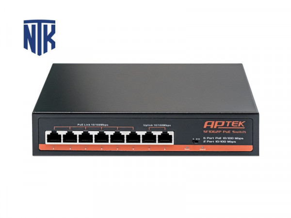 Switch PoE 6 Port Aptek SF1062P | 2 Port Uplink | 30W/78W | CCTV Mode/250m/10Mbps