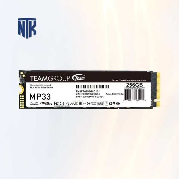 SSD NVMe 256GB Teamgroup MP33 (TM8FP6256G0C101) | Đọc 1600 MB/s · Ghi 1000 MB/s  · 65TBW | M.2-2280 · PCIe NVMe Gen3x4