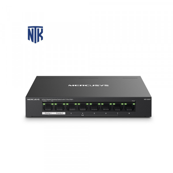 Switch PoE+ 7 Port Mercusys MS108GP | Vỏ kim loại | 30W/65W · 250m | Full Gigabit Port