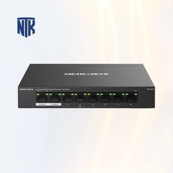 Switch PoE+ 7 Port Mercusys MS108GP | Vỏ kim loại | 30W/65W · 250m | Full Gigabit Port
